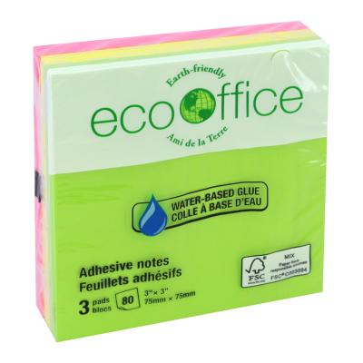 ECOOFFICE Neon Adhesive Notes, 3"x3", 3 Pack, FSC