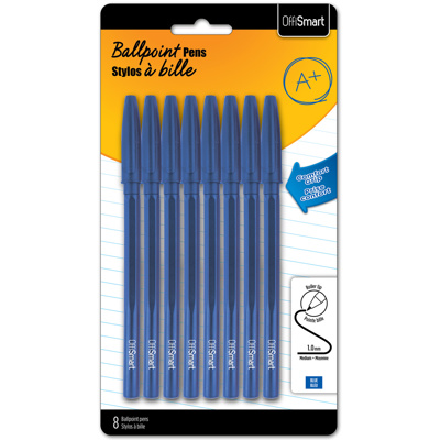 OFFISMART Stick Ballpoint Pen, 1.0mm, x8 Blue