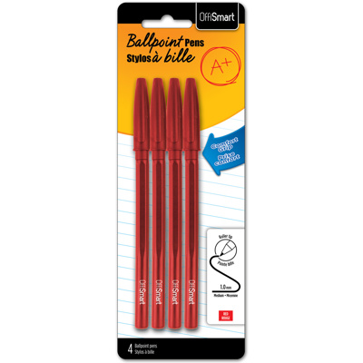 OFFISMART Stick Ballpoint Pen, 1.0mm, x4 Red