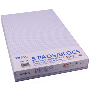 APP Bloc-notes quadrillé 4-1", 96 feuilles, 8.5"x14", Paquet de 5